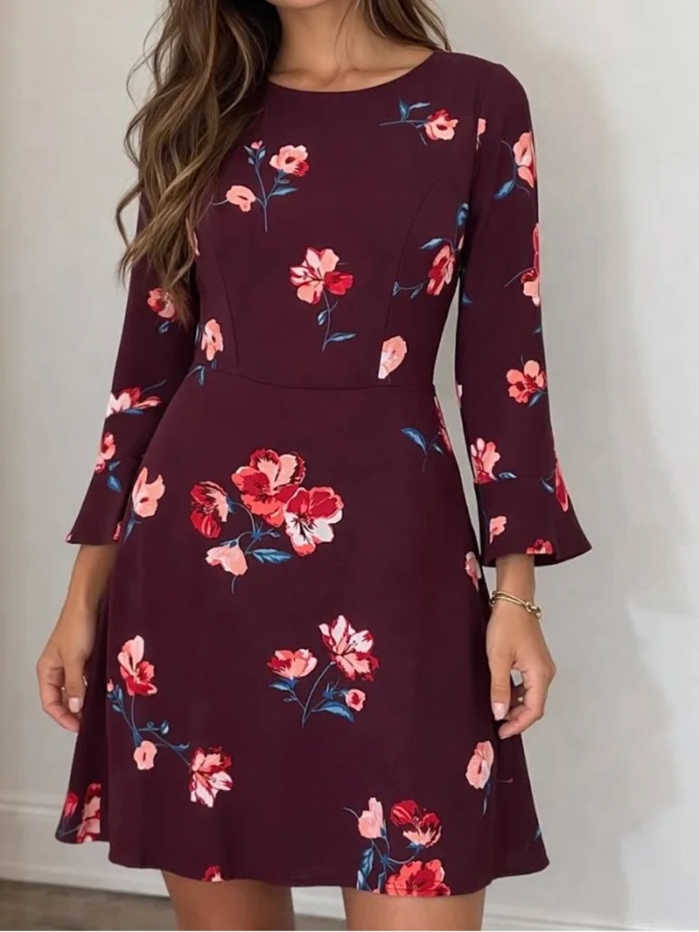 Floral Fit & Flare Dress - Burgundy